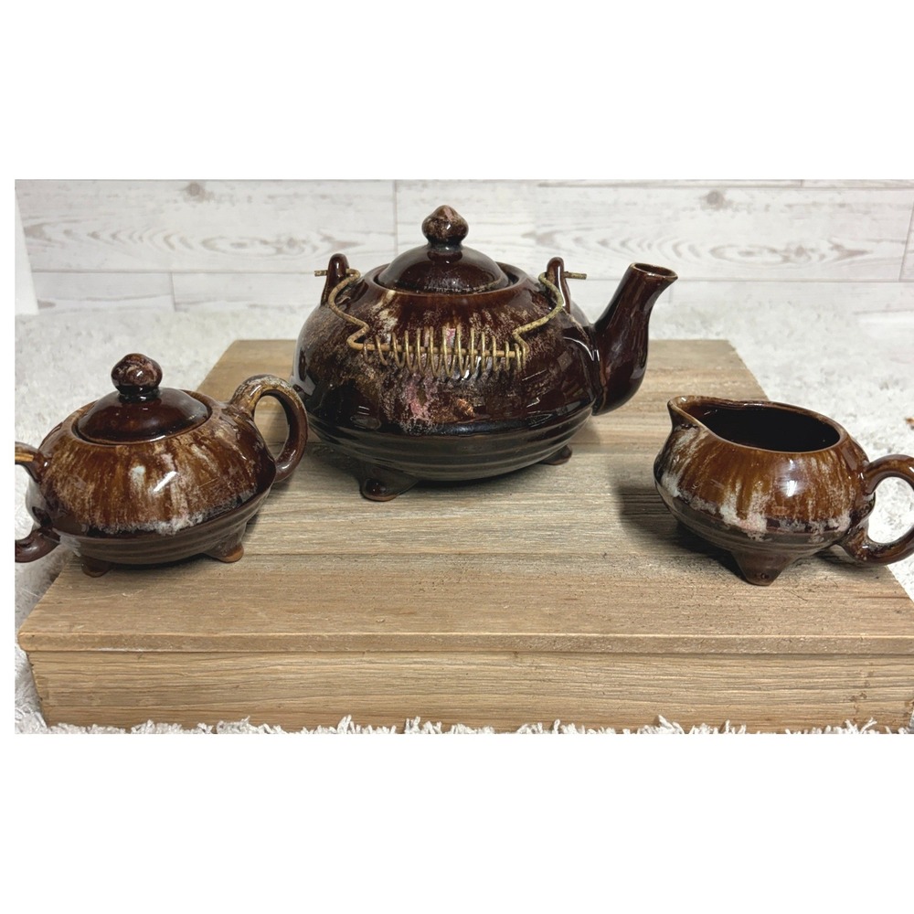 Vtg Japan Brown Drip Glaze Pottery Tea Set Teapot Sugar Bowl Creamer 3 pc MCM